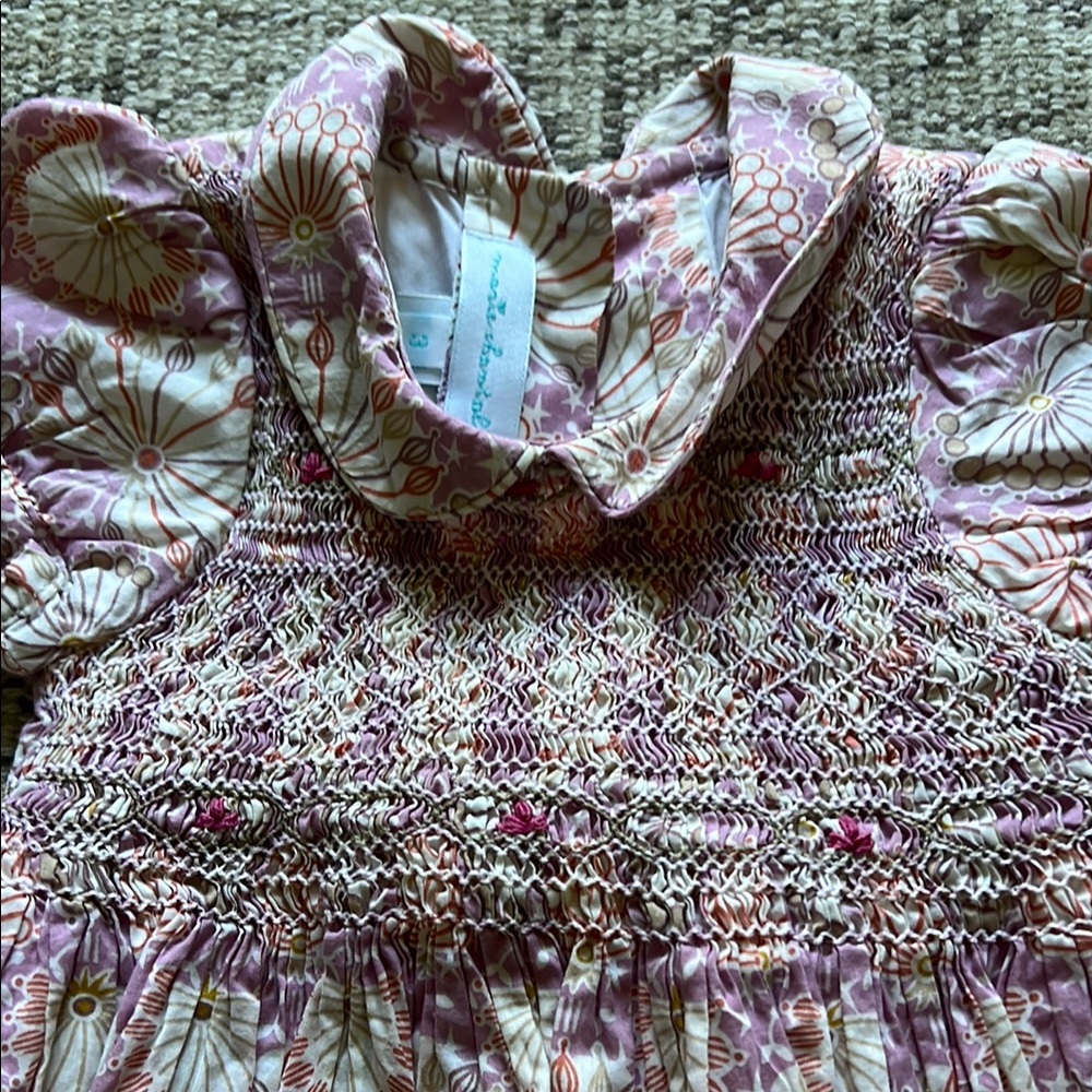 Floral Pink and White Smocked girls Dress - Picture 3 of 9